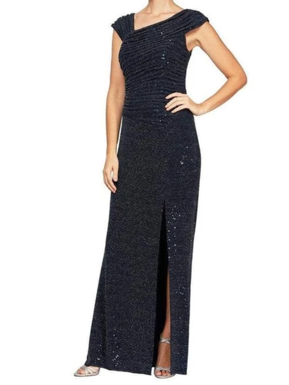 Navy Blue Sparkling Ruched Bodice Gown